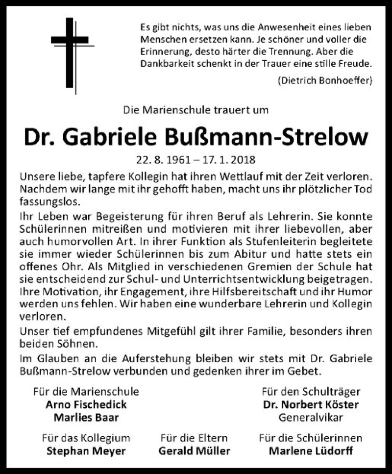  Traueranzeige für Gabriele Bußmann-Strelow vom 22.01.2018 aus Westfälische Nachrichten