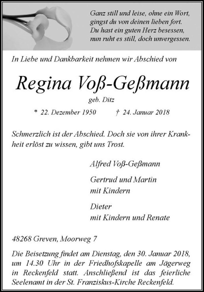 Traueranzeige für Regina Voß-Geßmann vom 27.01.2018 aus Westfälische Nachrichten