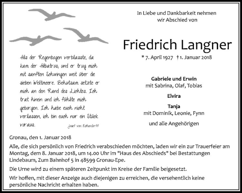  Traueranzeige für Friedrich Langner vom 04.01.2018 aus Westfälische Nachrichten