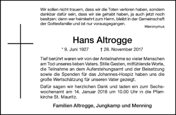 Anzeige von Hans Altrogge von Westfälische Nachrichten