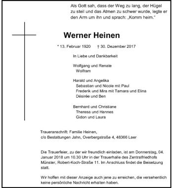 Anzeige von Werner Heinen von Westfälische Nachrichten
