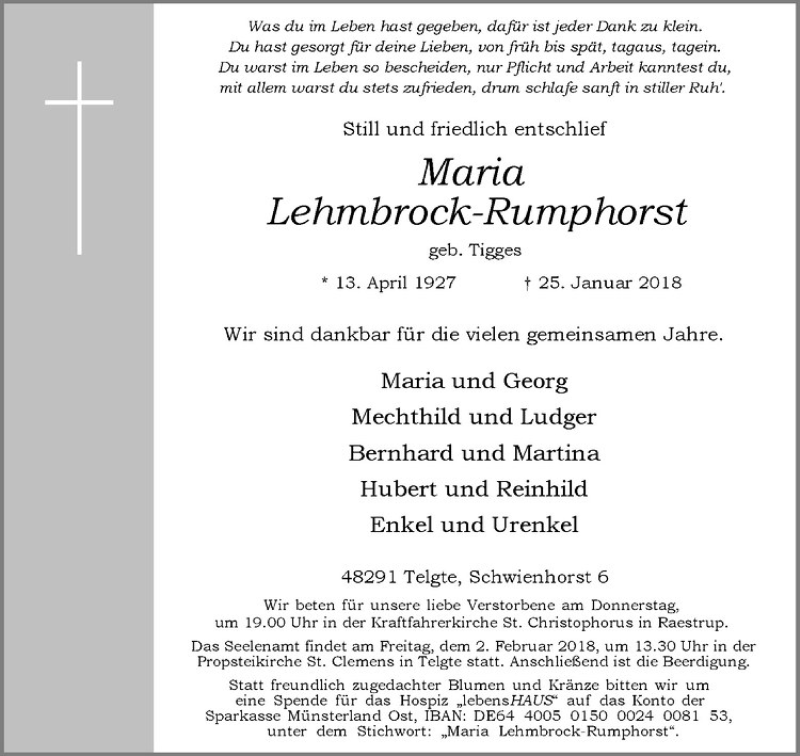  Traueranzeige für Maria Lehmbrock-Rumphorst vom 31.01.2018 aus Westfälische Nachrichten