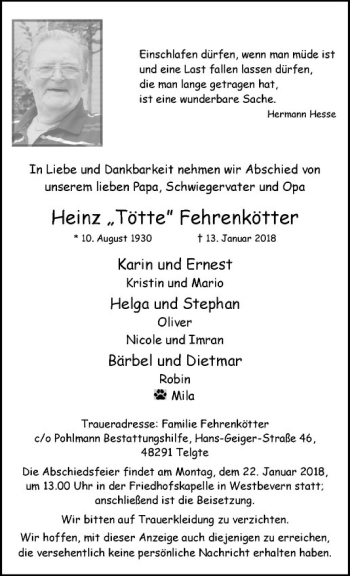 Anzeige von Heinz Fehrenkötter von Westfälische Nachrichten