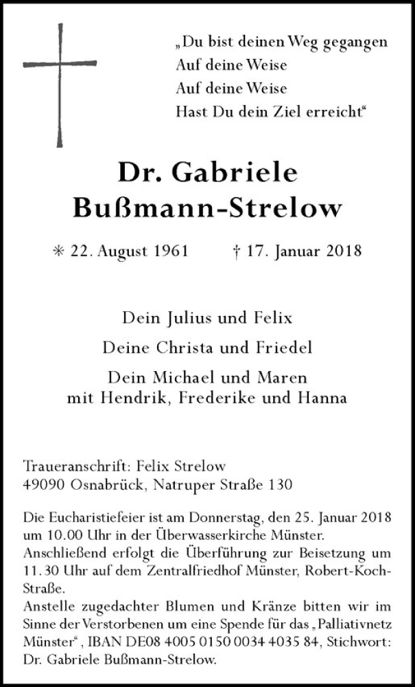  Traueranzeige für Gabriele Bußmann-Strelow vom 20.01.2018 aus Westfälische Nachrichten