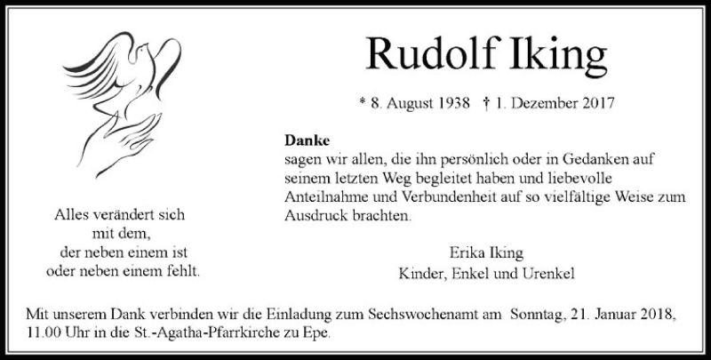  Traueranzeige für Rudolf Iking vom 13.01.2018 aus Westfälische Nachrichten