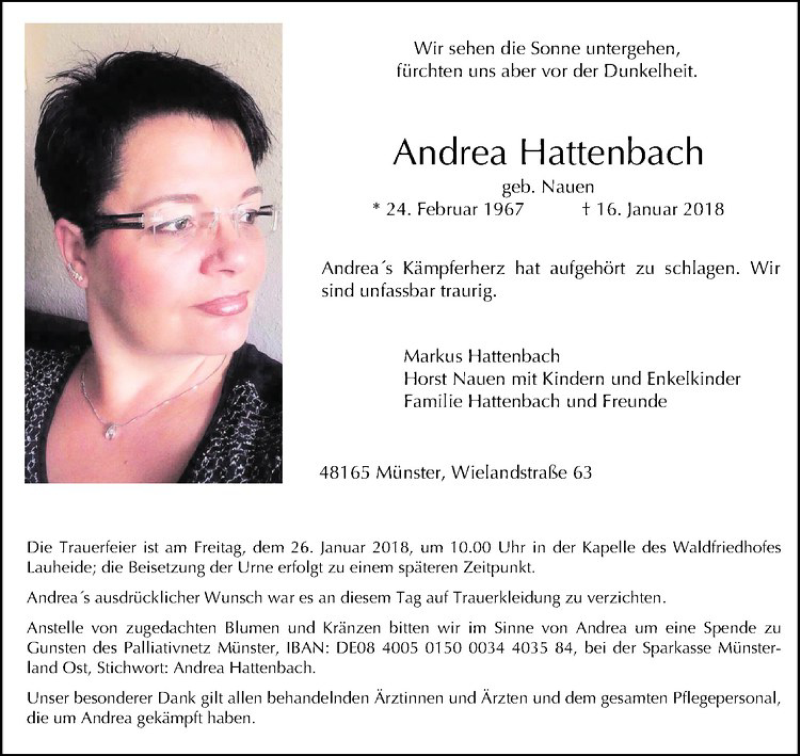  Traueranzeige für Andrea Hattenbach vom 20.01.2018 aus Westfälische Nachrichten