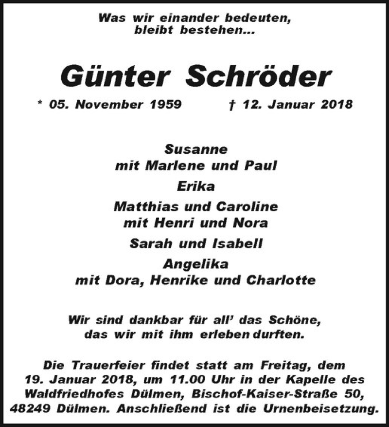  Traueranzeige für Günter Schröder vom 17.01.2018 aus Westfälische Nachrichten