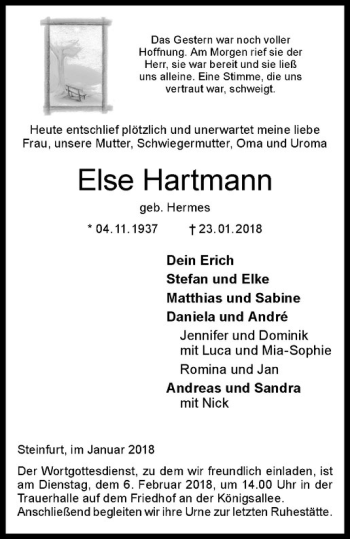Anzeige von Else Hartmann von Westfälische Nachrichten