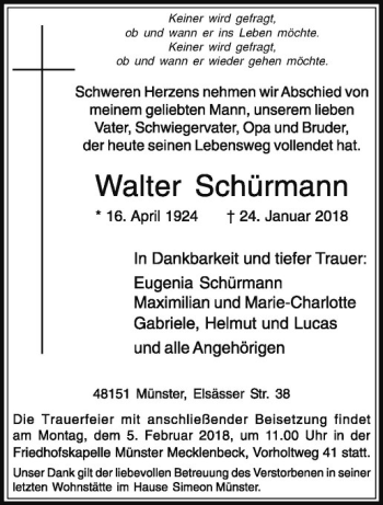 Anzeige von Walter Schürmann von Westfälische Nachrichten
