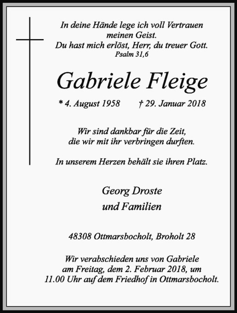  Traueranzeige für Gabriele Fleige vom 31.01.2018 aus Westfälische Nachrichten