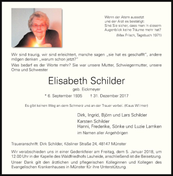 Anzeige von Elisabeth Schilder von Westfälische Nachrichten