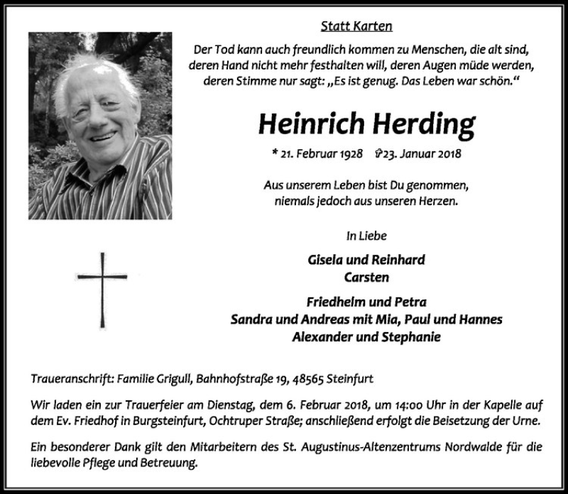  Traueranzeige für Heinrich Herding vom 31.01.2018 aus Westfälische Nachrichten