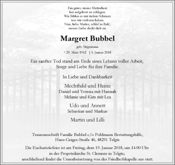Anzeige von Margret Bubbel von Westfälische Nachrichten