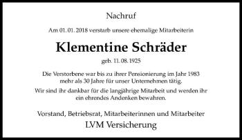 Anzeige von Klementine Schräder von Westfälische Nachrichten