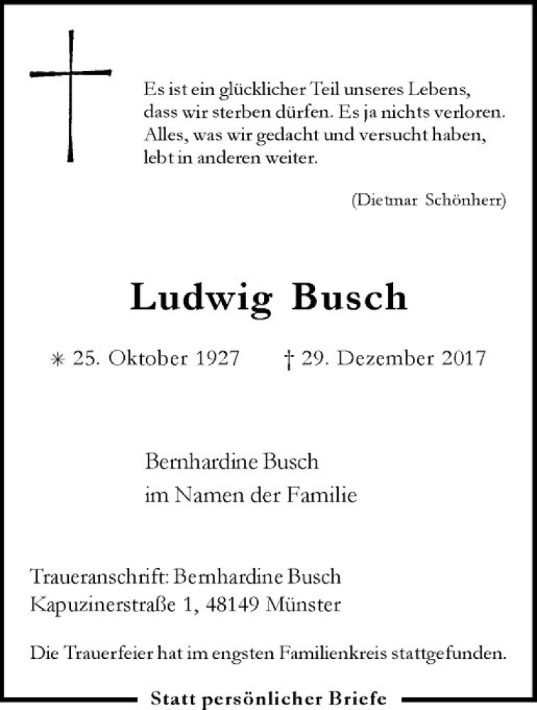  Traueranzeige für Ludwig Busch vom 06.01.2018 aus Westfälische Nachrichten