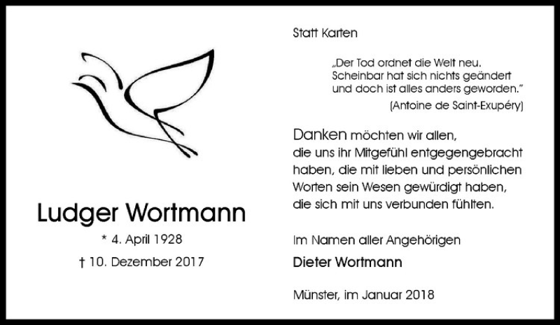  Traueranzeige für Ludger Wortmann vom 24.01.2018 aus Westfälische Nachrichten
