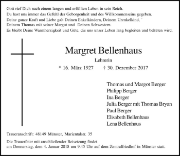 Anzeige von Margret Bellenhaus von Westfälische Nachrichten