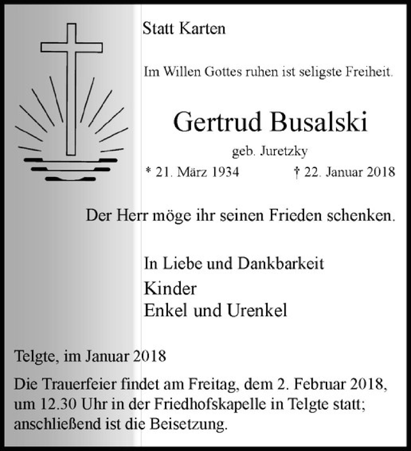  Traueranzeige für Gertrud Busalski vom 27.01.2018 aus Westfälische Nachrichten