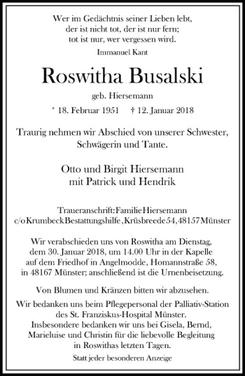 Anzeige von Roswitha Busalski von Westfälische Nachrichten