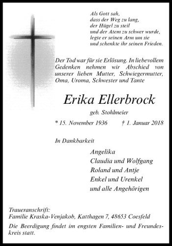 Anzeige von Erika Ellerbrock von Westfälische Nachrichten