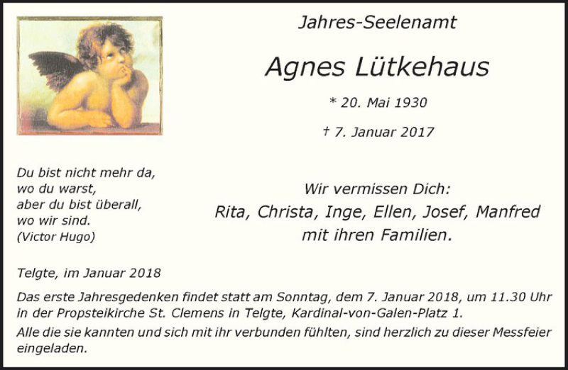  Traueranzeige für Agnes Lütkehaus vom 03.01.2018 aus Westfälische Nachrichten