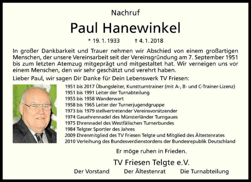  Traueranzeige für Paul Hanewinkel vom 11.01.2018 aus Westfälische Nachrichten