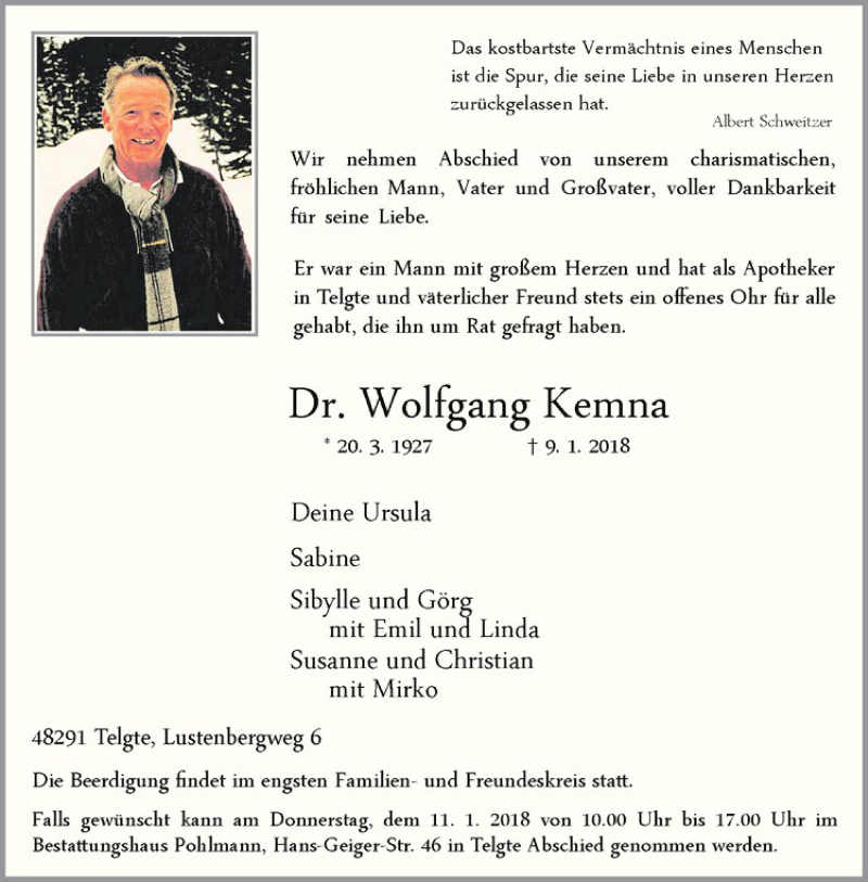  Traueranzeige für Wolfgang Kemna vom 11.01.2018 aus Westfälische Nachrichten