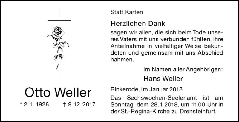  Traueranzeige für Otto Weller vom 24.01.2018 aus Westfälische Nachrichten