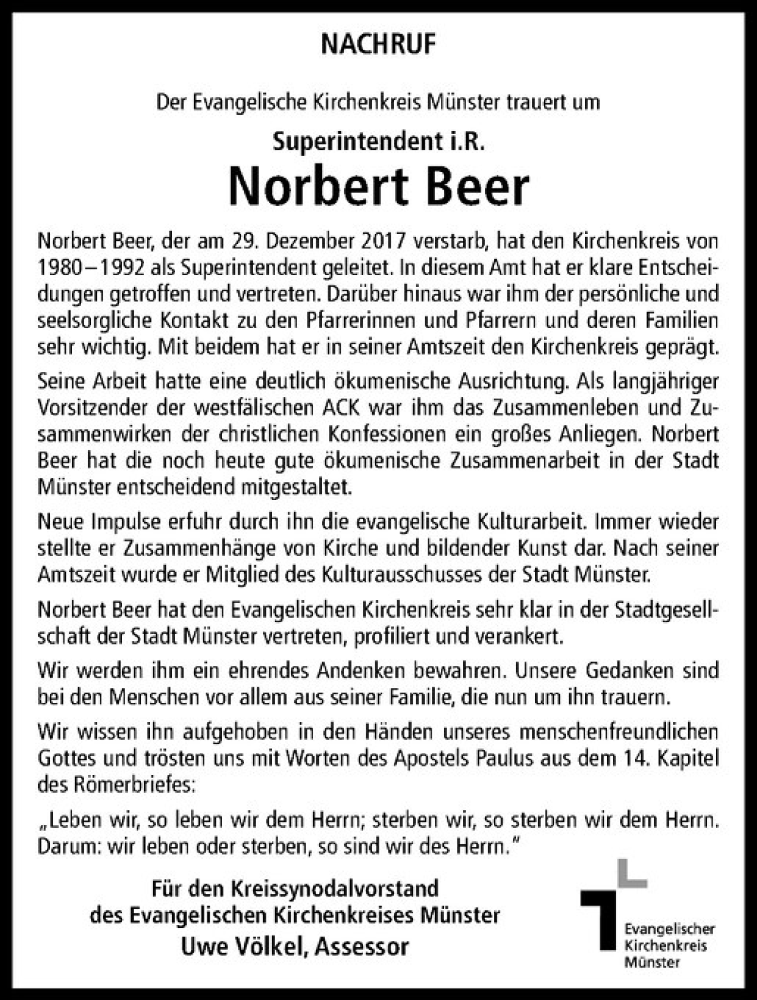  Traueranzeige für Norbert Beer vom 03.01.2018 aus Westfälische Nachrichten