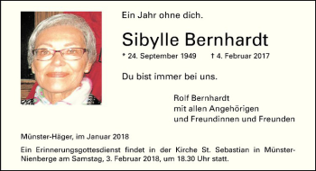 Anzeige von Sibylle Bernhardt von Westfälische Nachrichten
