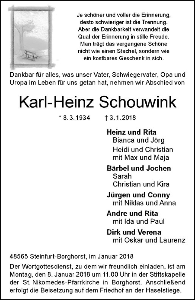  Traueranzeige für Karl-Heinz Schouwink vom 06.01.2018 aus Westfälische Nachrichten