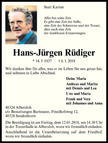 Anzeige von Hans-Jürgen Rüdiger von Westfälische Nachrichten
