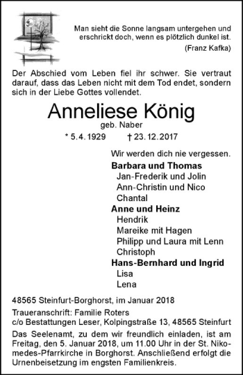 Anzeige von Anneliese König von Westfälische Nachrichten