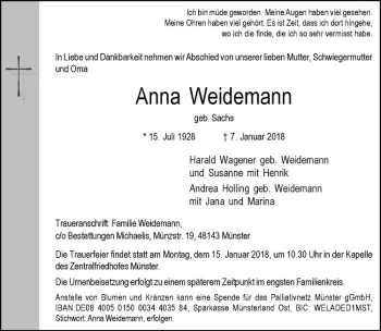 Anzeige von Anna Weidemann von Westfälische Nachrichten