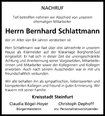 Anzeige von Bernhard Schlattmann von Westfälische Nachrichten