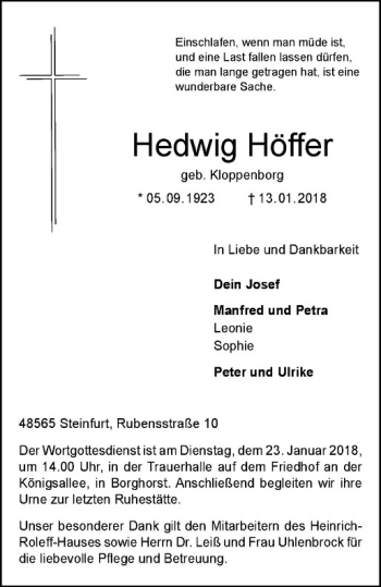 Anzeige von Hedwig Höffer von Westfälische Nachrichten