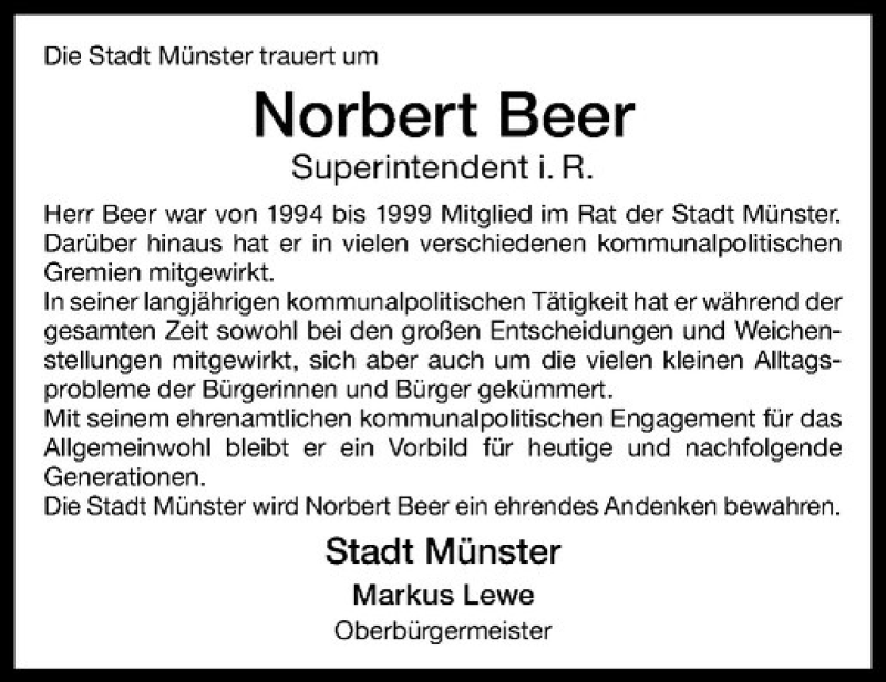  Traueranzeige für Norbert Beer vom 10.01.2018 aus Westfälische Nachrichten