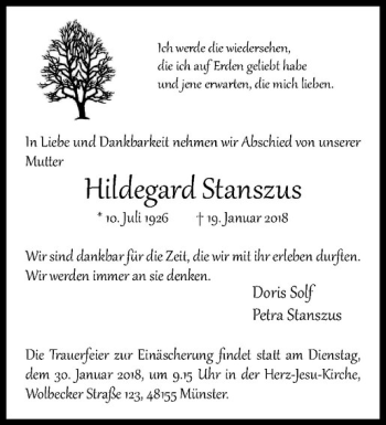 Anzeige von Hildegard Stanszus von Westfälische Nachrichten