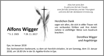 Anzeige von Alfons Wigger von Westfälische Nachrichten