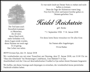 Anzeige von Heidel Reichstein von Westfälische Nachrichten