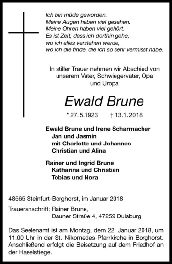 Anzeige von Ewald Brune von Westfälische Nachrichten