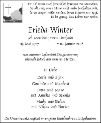 Anzeige von Frieda Winter von Westfälische Nachrichten