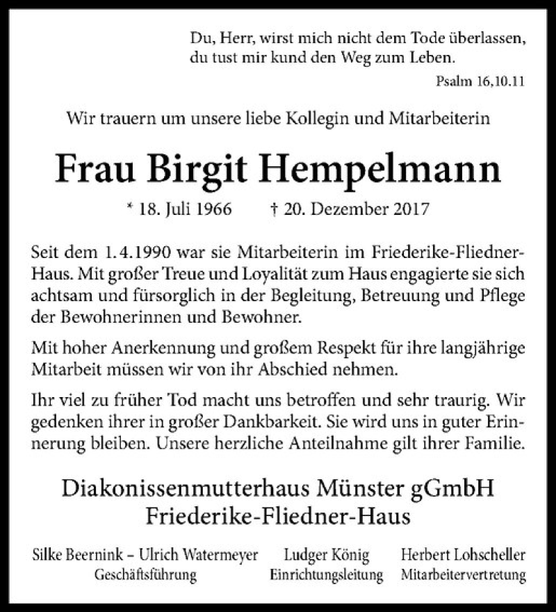  Traueranzeige für Birgit Hempelmann vom 05.01.2018 aus Westfälische Nachrichten