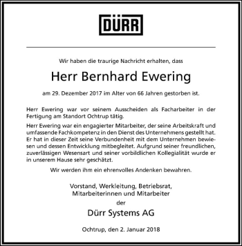 Anzeige von Bernhard Ewering von Westfälische Nachrichten
