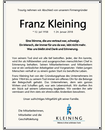 Anzeige von Franz Kleining von Westfälische Nachrichten