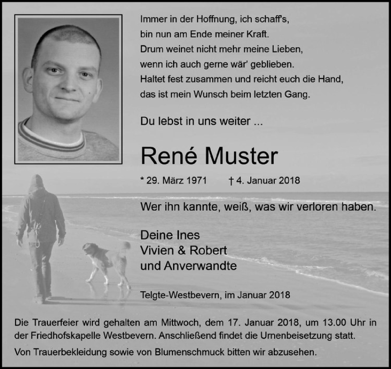  Traueranzeige für René Muster vom 13.01.2018 aus Westfälische Nachrichten