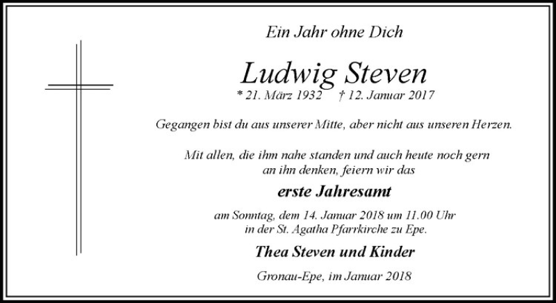  Traueranzeige für Ludwig Steven vom 02.01.2018 aus Westfälische Nachrichten