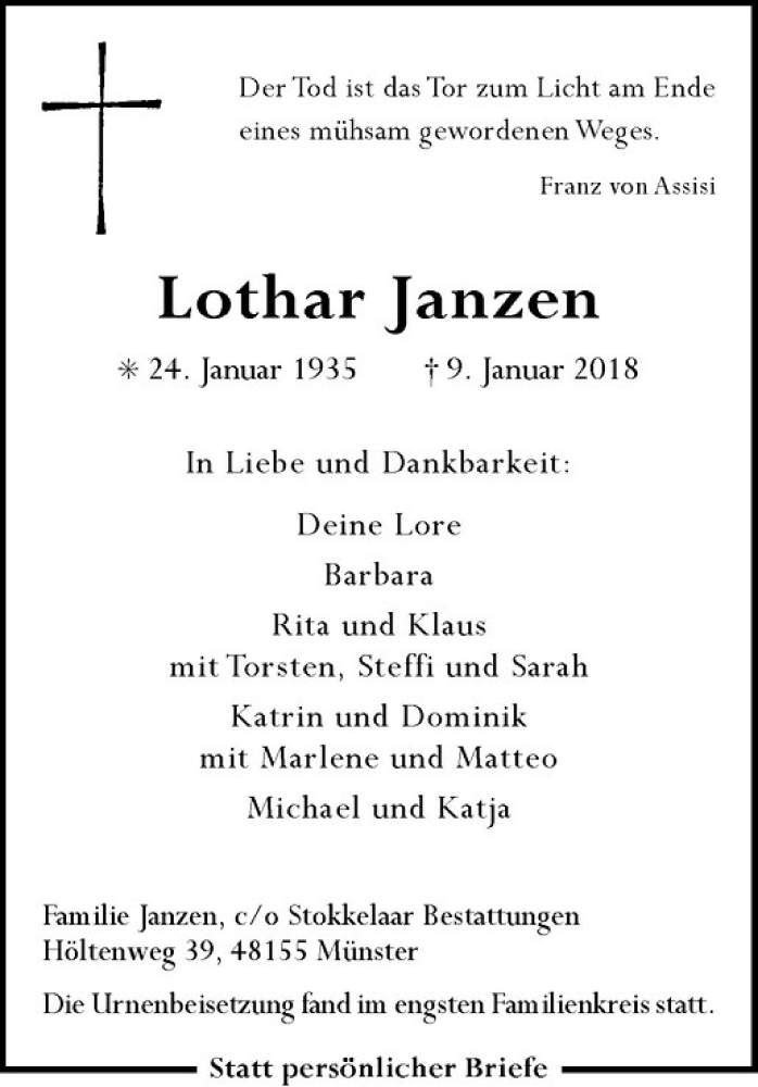  Traueranzeige für Lothar Janzen vom 20.01.2018 aus Westfälische Nachrichten