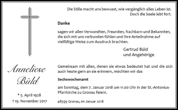 Anzeige von Anneliese Büld von Westfälische Nachrichten