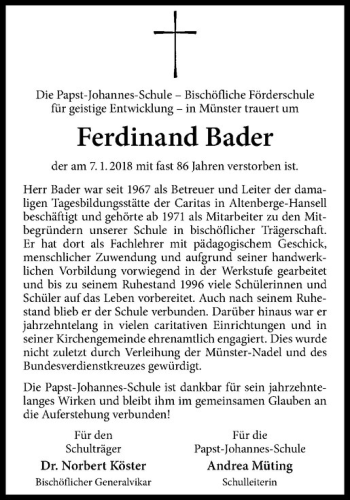 Anzeige von Ferdinand Bader von Westfälische Nachrichten